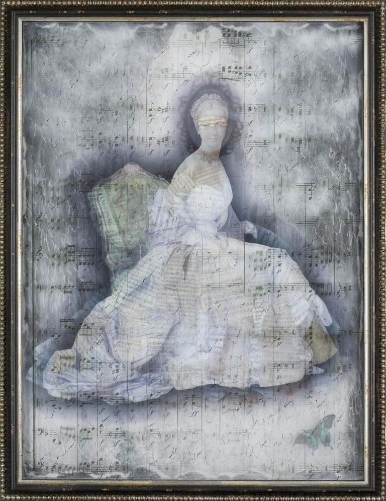 Beethoven's Muse 53 x 41, Layered Mixed Media with fabric, antique objects, fabric, butterflies, etc.