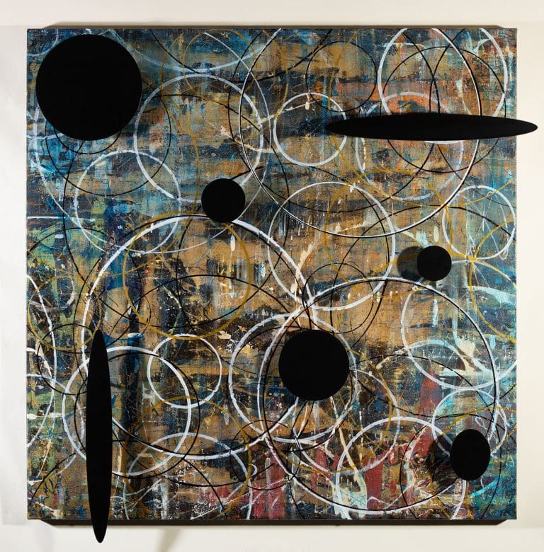 Beyond Time, 58 x 58, Acrylic, resin, metal shapes on canvas