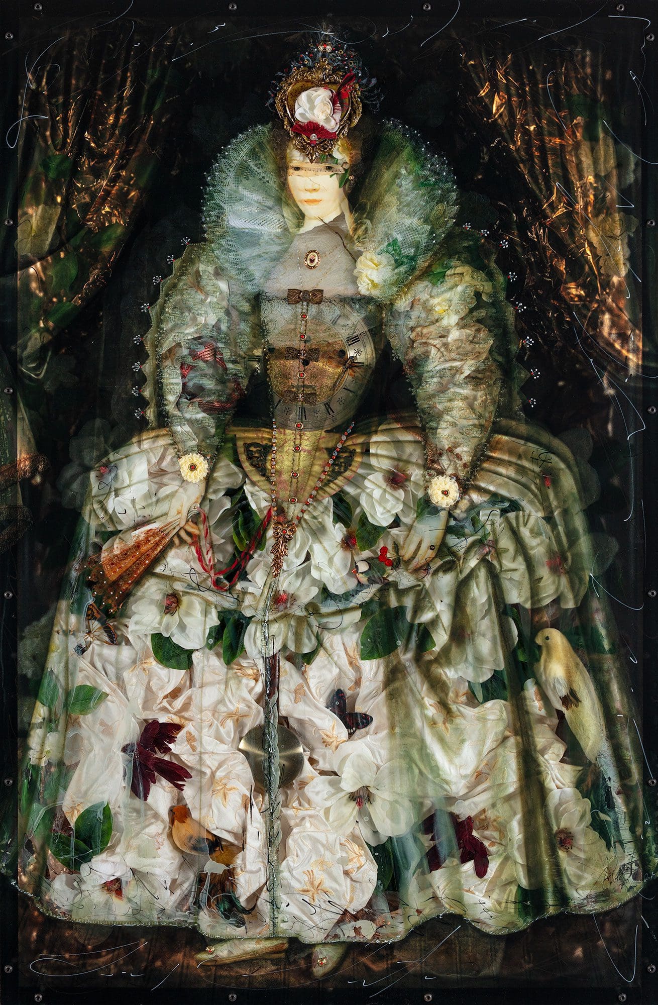 Lady Blossom 57 x 39, Layered Mixed Media with antique objects, butterflies, clock, fabric, etc.