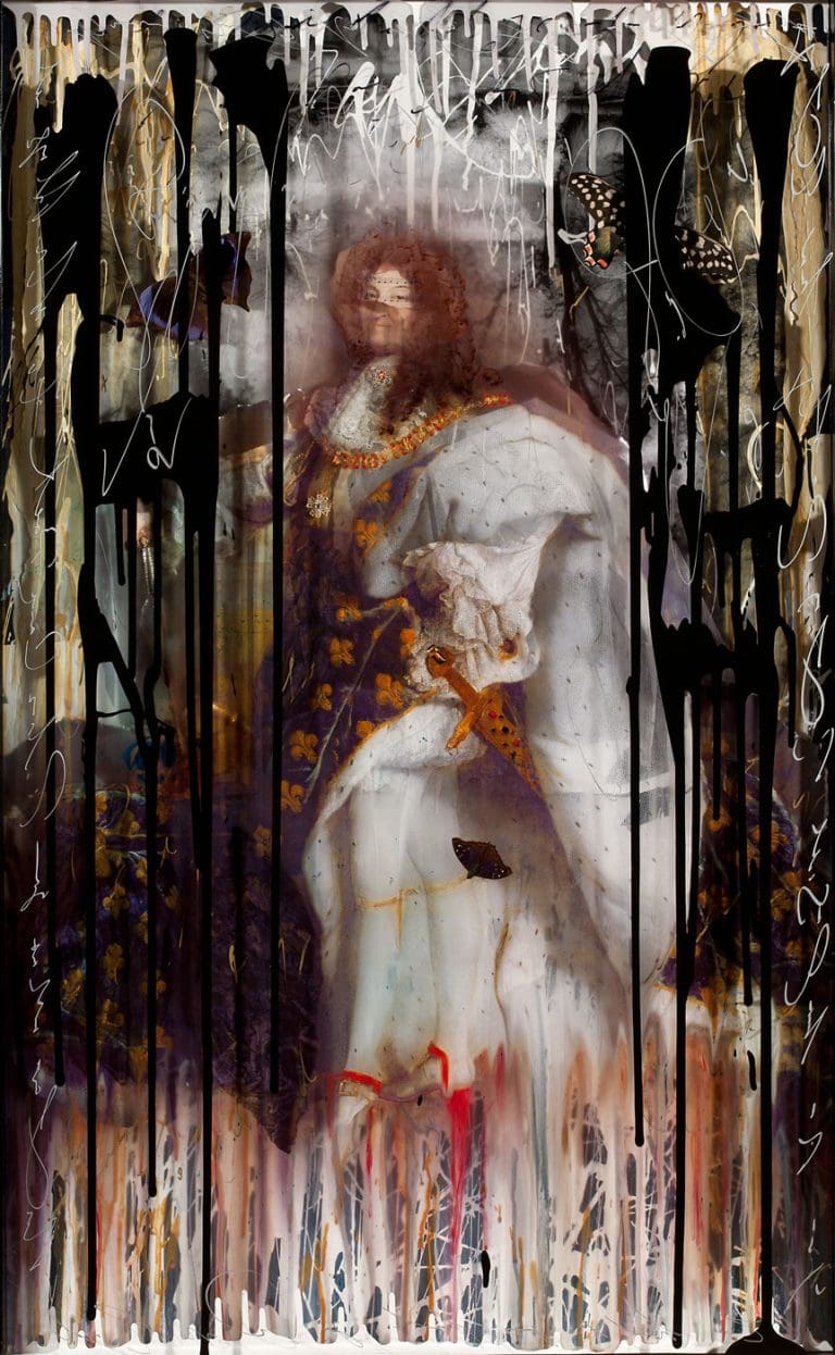 Return of the King 45 x 29, Layered Mixed Media with butterflies, fabric, antique objects, etc.