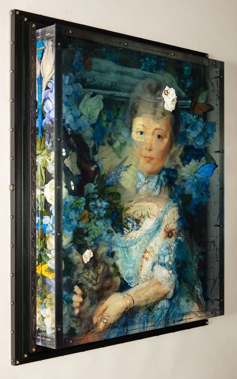 Memories Set Free 38 x 32, Layered Mixed Media with antique objects, photographs, violin, butterflies, etc. Private Collection