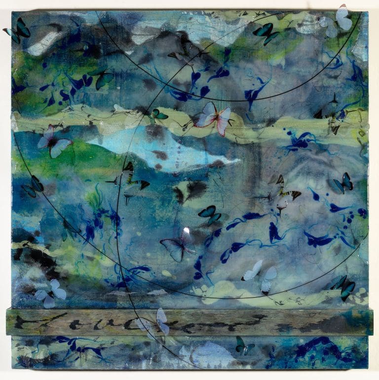 Petals in the Wind 36x36, Acrylic, resin and butterflies on canvas