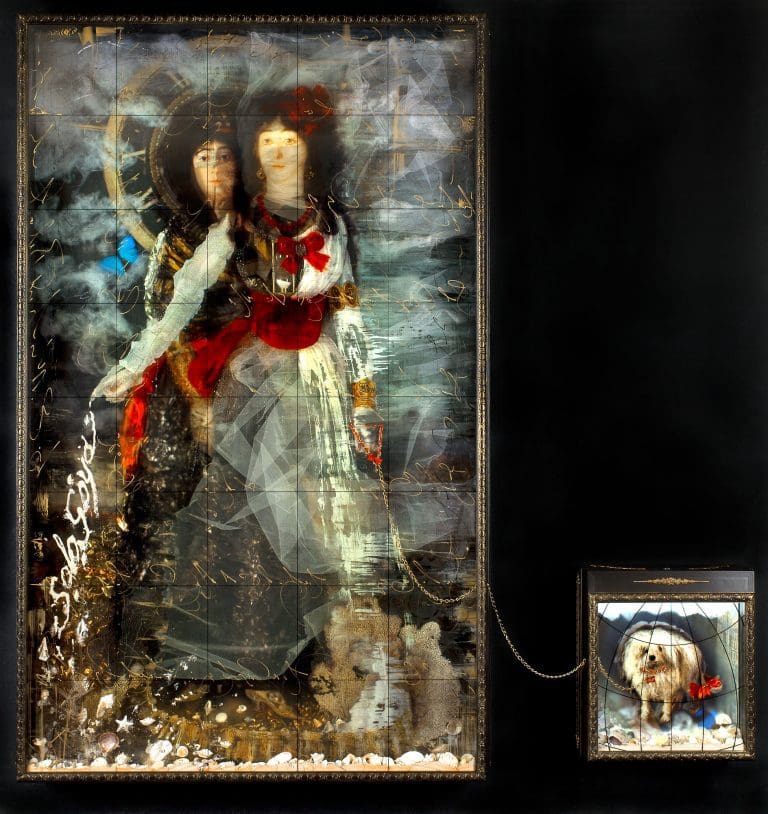 Solo Goya Diptych 82 x 53, Layered Mixed Media with antique objects, butterflies, chain, sand, mirrors, seashells, etc.