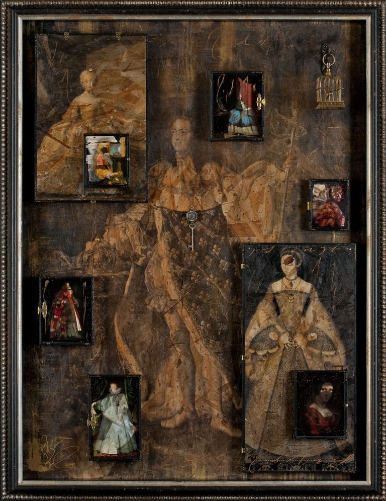 The Gilded Cage, 55 x 43, Layered Mixed Media with antique objects, butterflies, wood, locks, etc.