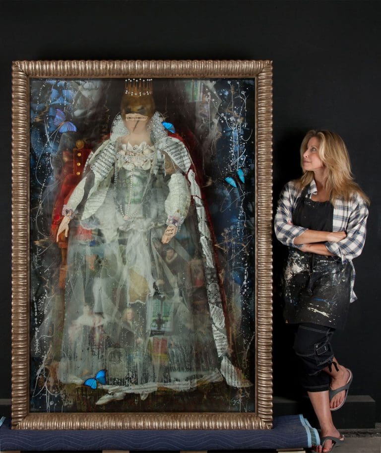 The World is Your Oyster 80 x 56, Layered Mixed Media with antique objects, fabrics, butterflies, etc. Private Collection