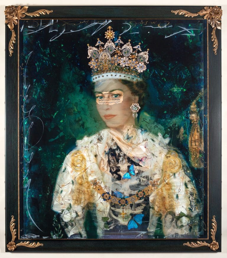 Timeless Royalty 65 x 57, Layered Mixed Media with photographs, fabric, butterflies, bones, antique objects, etc.
