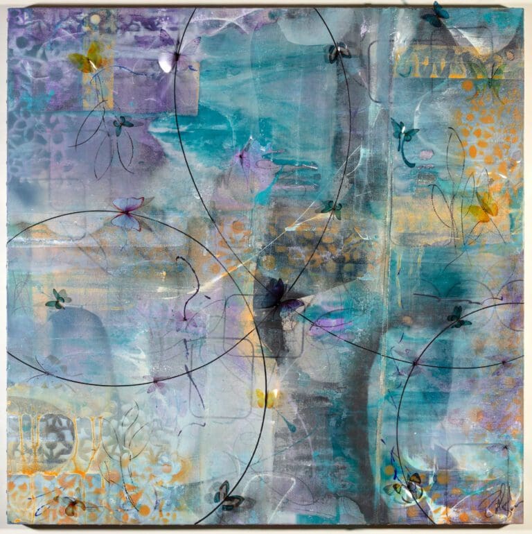 Bloom 50x50 inches, Acrylic, resin and butterflies on canvas